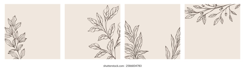Creative minimalist Abstract art background with leaves branch and Hand Drawn doodle Scribble floral plants