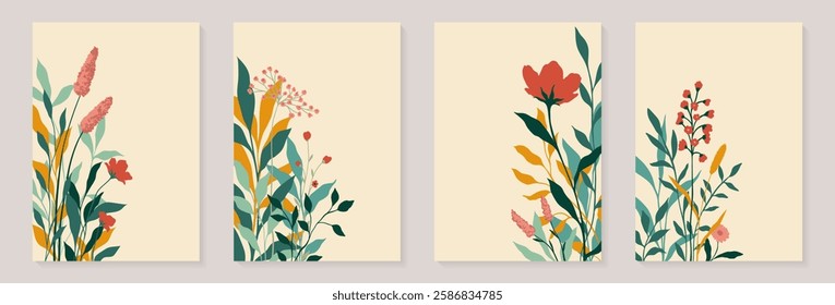 Creative minimalist Abstract art background with leaves branch and Hand Drawn doodle Scribble floral plants. Abstract leaf. Design wall decoration, postcard, poster or brochure