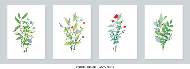 Kreative minimalistische abstrakte Kunst Wildblumen, Blätter, Ast, Bouquet. Handgezeichnete Doodle Scribble Blumenpflanzen. Abstraktes Blatt. Wildblumen einzeln auf Weiß