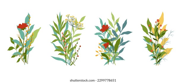 Creative minimalist Abstract art wild flowers, leaves, branch, bouquet. Hand Drawn doodle Scribble floral plants. Abstract leaf. wild flowers isolated on white