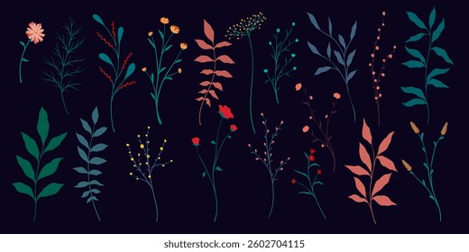 Creative minimalist Abstract art wild flowers, leaves, branch, Hand Drawn doodle Scribble floral plants. Abstract leaf. wild flowers isolated on white	