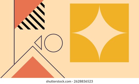 Design abstrato criativo minimalista com formas geométricas arrojadas, linhas dinâmicas e cores contrastantes em um fundo bege suave.