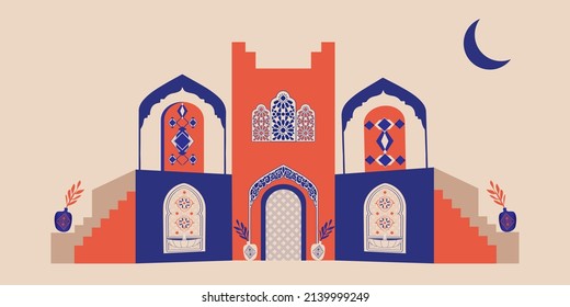 Creative minimalist abstracts. House or mosque facade with water fountain, candle lamp, stairs, indoor plants. Vector illustration.