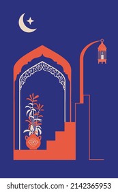 Creative minimalist abstracts. House or mosque facade, candle lamp, stairs, indoor plants. Vector illustration.	