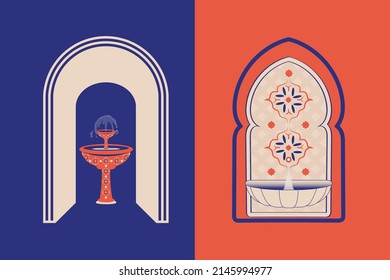 Creative minimalist abstracts. House or mosque facade with water fountain, hallway and portal with arch, indoor plants. Vector illustration.