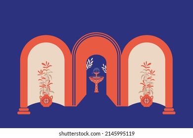 Resumen creativo minimalista. Fachada de casa o mezquita con fuente de agua, pasillo y portal con arco, plantas interiores. Ilustración vectorial.