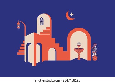 Creative minimalist abstracts. House or mosque facade with water fountain, candle lamp, stairs, indoor plants. Vector illustration.