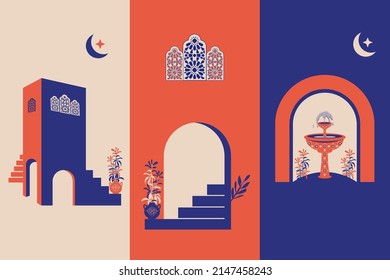 Creative minimalist abstracts. House or mosque facade with water fountain, candle lamp, stairs, indoor plants. Vector illustration.