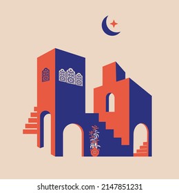 Creative minimalist abstracts. House or mosque facade with water fountain, candle lamp, stairs, indoor plants. Vector illustration.