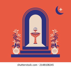 Creative minimalist abstracts. House or mosque facade with water fountain, hallway and portal with arch, indoor plants. Vector illustration.