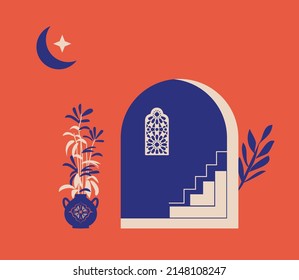 Creative minimalist abstracts. House or mosque facade with water fountain, hallway and portal with arch, indoor plants. Vector illustration.