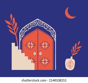 Creative minimalist abstracts. House or mosque facade with water fountain, hallway and portal with arch, indoor plants. Vector illustration.