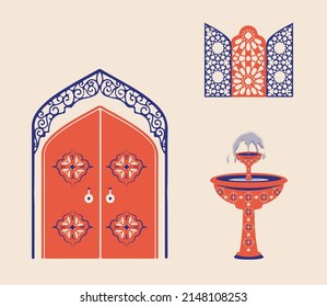 Creative minimalist abstracts. House or mosque facade with water fountain, hallway and portal with arch, indoor plants. Vector illustration.