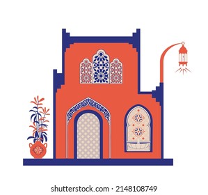 Creative minimalist abstracts. House or mosque facade with water fountain, hallway and portal with arch, indoor plants. Vector illustration.