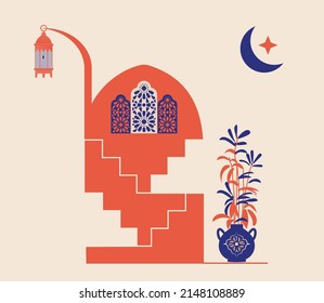 Creative minimalist abstracts. House or mosque facade with water fountain, hallway and portal with arch, indoor plants. Vector illustration.