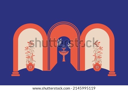 Creative minimalist abstracts. House or mosque facade with water fountain, hallway and portal with arch, indoor plants. Vector illustration.