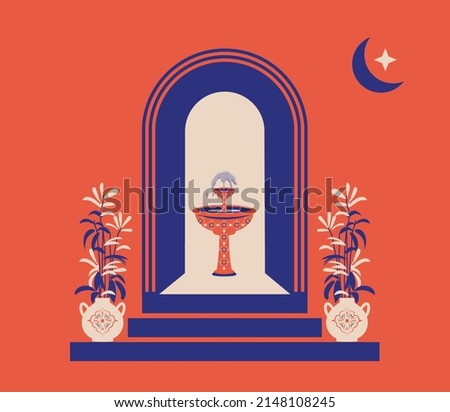Creative minimalist abstracts. House or mosque facade with water fountain, hallway and portal with arch, indoor plants. Vector illustration.