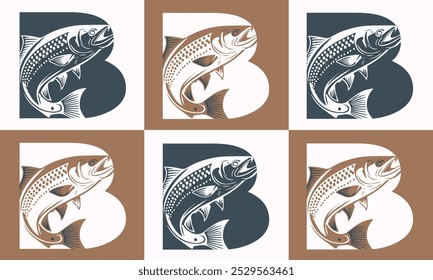 Criativo minimalista B Icon Fish Logo com ilustração de design de vetor de ícone colorido.