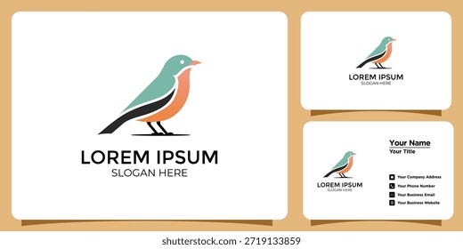 Creative minimalist bird logo design featuring a charming robin character with a soft teal and orange color palette. This elegant avian emblem is perfect for nature-inspired brands, creative agencies, pet shops, and outdoor lifestyle businesses. The set includes a professional business card Template presentation to showcase the brand identity in a real-world application