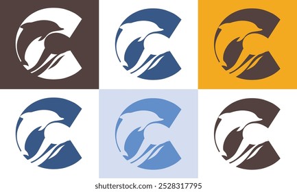 Creative minimalist C Icon Fish Logo with colorful Icon Vector Design Illustration.
