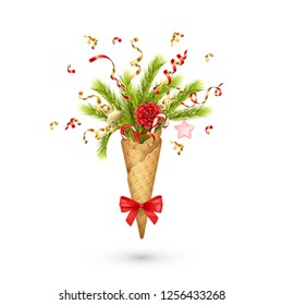 Creative minimalist Christmas composition in a waffle cone of coniferous branches, berries and decorations