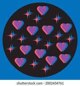 Creative minimalist contemporary art illustration, wall decoration, postcards, stickers, circle icons, brochure cover design. Playful composition of basic geometric shapes. Starry heart colorful sky.