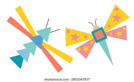 A creative minimalist flat vector illustration of a dragonfly and a butterfly constructed entirely from basic geometric shapes. Features a bright pastel color palette with triangles, rectangles, stars, circles, and sharp lines isolated on a clean white background. Perfect for educational kids' content, tangram puzzles, and modern graphic design assets.