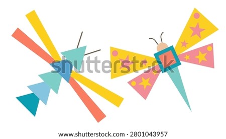 A creative minimalist flat vector illustration of a dragonfly and a butterfly constructed entirely from basic geometric shapes. Features a bright pastel color palette with triangles, rectangles, stars, circles, and sharp lines isolated on a clean white background. Perfect for educational kids' content, tangram puzzles, and modern graphic design assets.