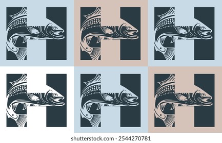Criativo minimalista H Icon Fish Logo com ilustração de design de vetor de ícone colorido.