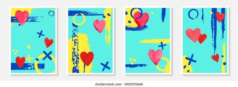 Creative minimalist hand draw Abstract art background with stain and shape, brush strokes, red watercolor hearts. Design for poster or brochure, greeting card and invitation of wedding, Valentine day.