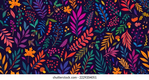 Dibujo a mano creativo minimalista Arte abstracto sin costuras patrón amarillo, hojas anaranjadas dibujando sobre fondo morado. fondo de diseño para moda, tela, web, papel pintado, textil, envoltura