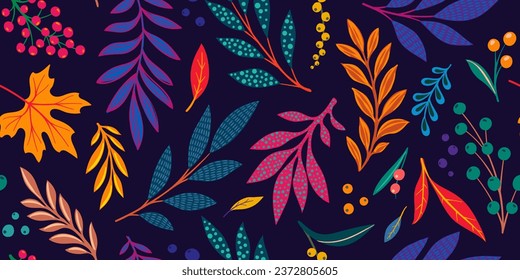 Creative minimalist hand draw Abstract art seamless pattern yellow, orange leaves sketch on purple background. design background for fashion , fabric, web, wallpaper, textile, wrapping