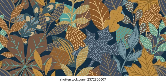 Creative minimalist hand draw Abstract art seamless pattern yellow, orange leaves sketch on purple background. design background for fashion , fabric, web, wallpaper, textile, wrapping