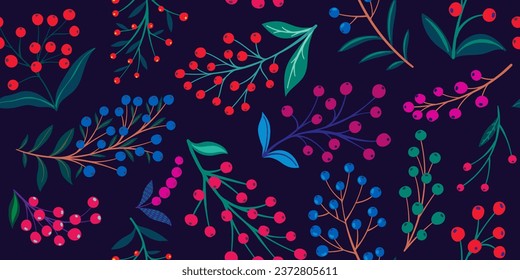 Creative minimalist hand draw Abstract art seamless pattern yellow, orange leaves and berries sketch on purple background. design background for fashion , fabric, web, wallpaper, textile, wrapping