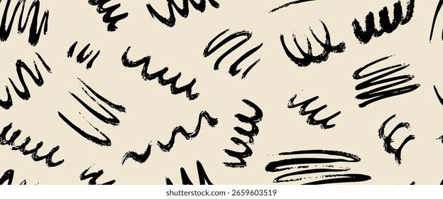 Kreative minimalistische Handzeichnung Abstrakte Kunst grunge nahtloses Muster mit schwarzem Strich abstrakten Hintergrund,	