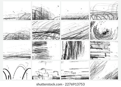 Creative minimalist hand drawing scribbles abstraction art on white background with ink lines stain hatching and hand drawn doodle scribble textures. Design for cards and postcard, poster brochures. 