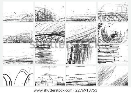 Creative minimalist hand drawing scribbles abstraction art on white background with ink lines stain hatching and hand drawn doodle scribble textures. Design for cards and postcard, poster brochures. 