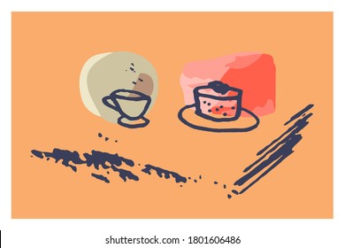 Creative minimalist hand painted abstract artistic background food, dessert. Doodle cup of tea, coffee with cake Painting ink brush texture shape, line Artwork for wall decoration. Vector illustration