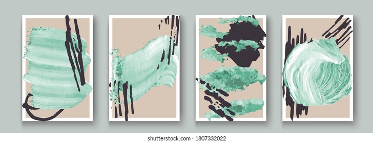 Creative minimalist hand painted abstract artistic background set. Painting ink brush geometric texture shape, doodle object, stain Artwork for wall decoration, poster, banner, postcard design. Vector