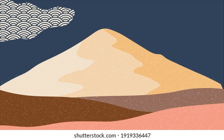 Creativo fondo artístico abstracto con una mano minimalista. Paisaje paisajístico de la montaña de la naturaleza con vector de patrón ondulado japonés.
