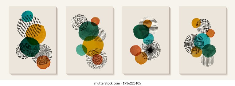 Creative minimalist hand painted Abstract art background with watercolor stain and Hand Drawn doodle Scribble Circle. Design for wall decoration, postcard, poster or brochure