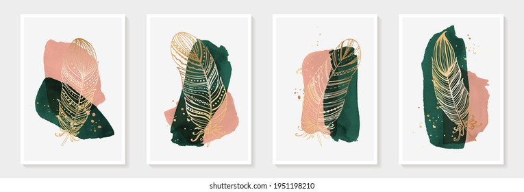 Creative minimalist hand painted Abstract art green and pink watercolor stain and Hand Drawn doodle golden color Scribble feather. Design for wall decoration, postcard, poster or brochure.