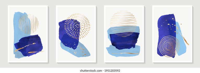 Creative minimalist hand painted Abstract art background with blue watercolor stain and Hand Drawn doodle golden color Scribble Circle. Design for wall decoration, postcard, poster or brochure.