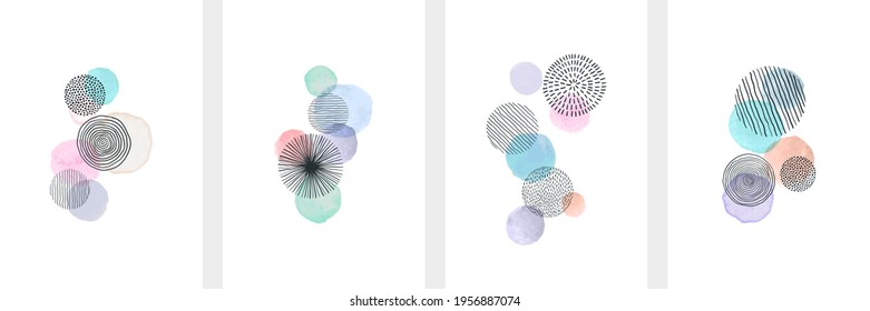 Creative minimalist hand painted Abstract art background with watercolor stain and Hand Drawn doodle Scribble Circle. Design for wall decoration, postcard, poster or brochure