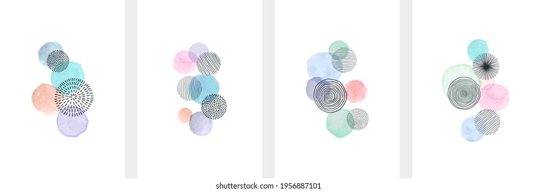 Creative minimalist hand painted Abstract art background with watercolor stain and Hand Drawn doodle Scribble Circle. Design for wall decoration, postcard, poster or brochure