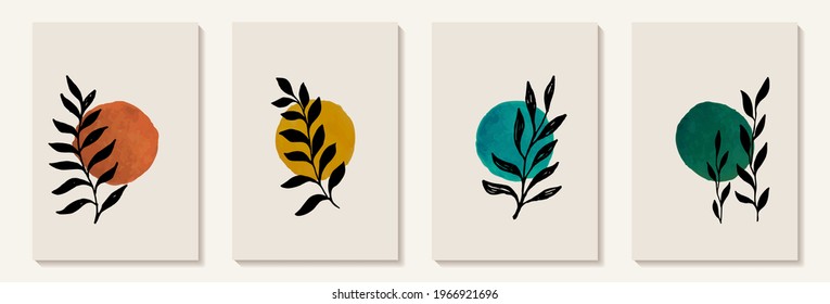 Creative minimalist hand painted Abstract art background with watercolor stain and Hand Drawn doodle Scribble floral plants. Design for wall decoration, postcard, poster or brochure