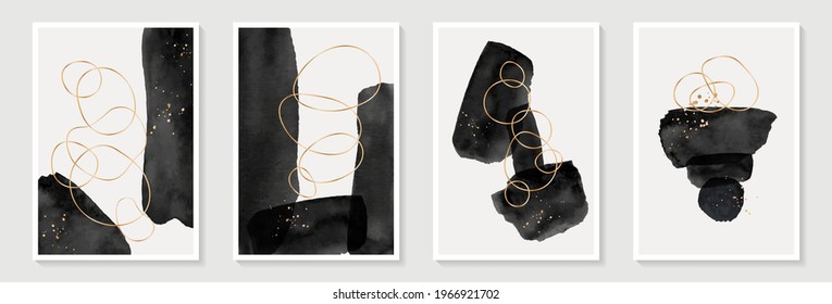 Creative minimalist hand painted Abstract art background with black watercolor stain and golden doodle Scribble line. Design for wall decoration, postcard, poster or brochure