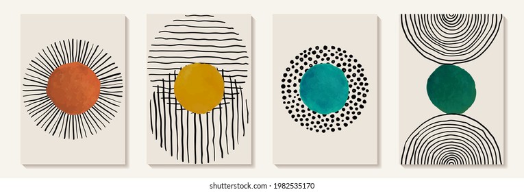 Creative minimalist hand painted Abstract art background with watercolor stain and Hand Drawn doodle Scribble Circle. Design for wall decoration, postcard, poster or brochure