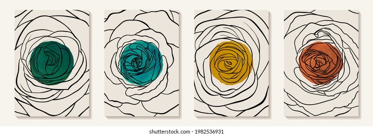 Creative minimalist hand painted Abstract art background with watercolor stain and Hand Drawn doodle rose outline. Design for wall decoration, postcard, poster or brochure