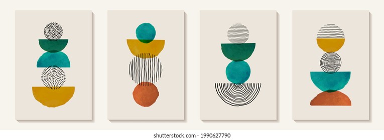 Creative minimalist hand painted Abstract art background with watercolor circle and half circle with Hand Drawn doodle Scribble Circle. Design for wall decoration, postcard, poster or brochure,